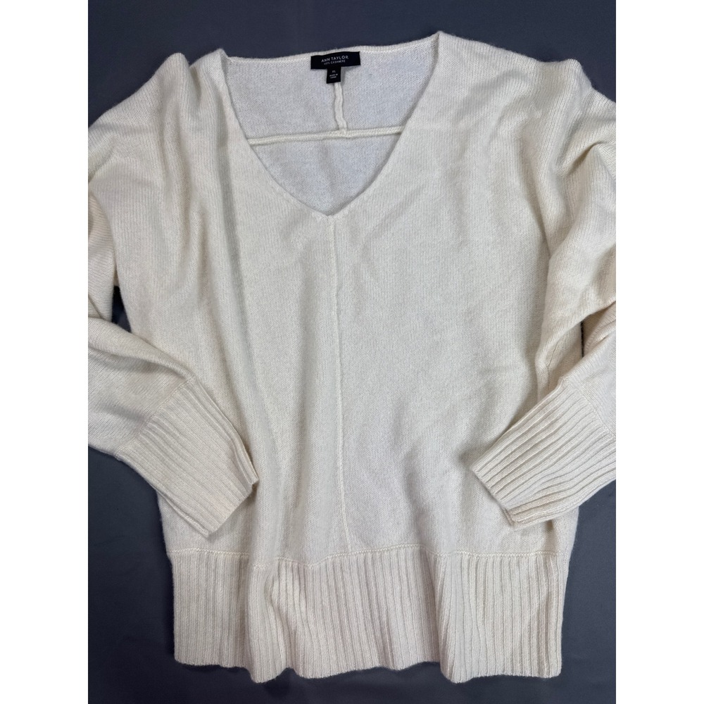 Ann Taylor Womens XL Cream 100% Cashmere V-Neck Dolman Sleeve Ribbed Sweater